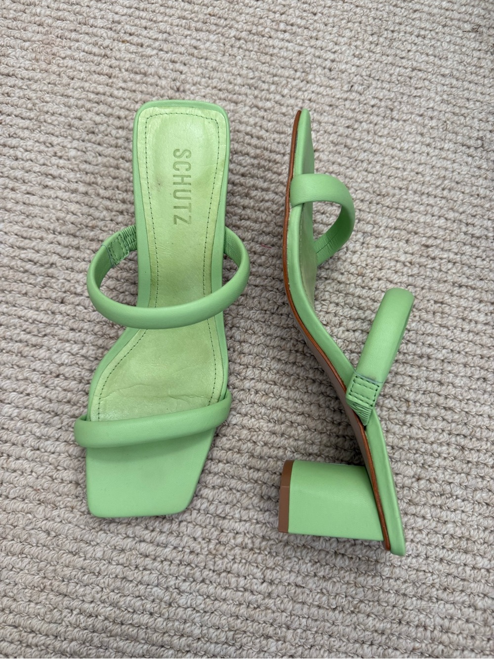 SCHUTZ Mint Green Double-Strap Block Heel Sandals